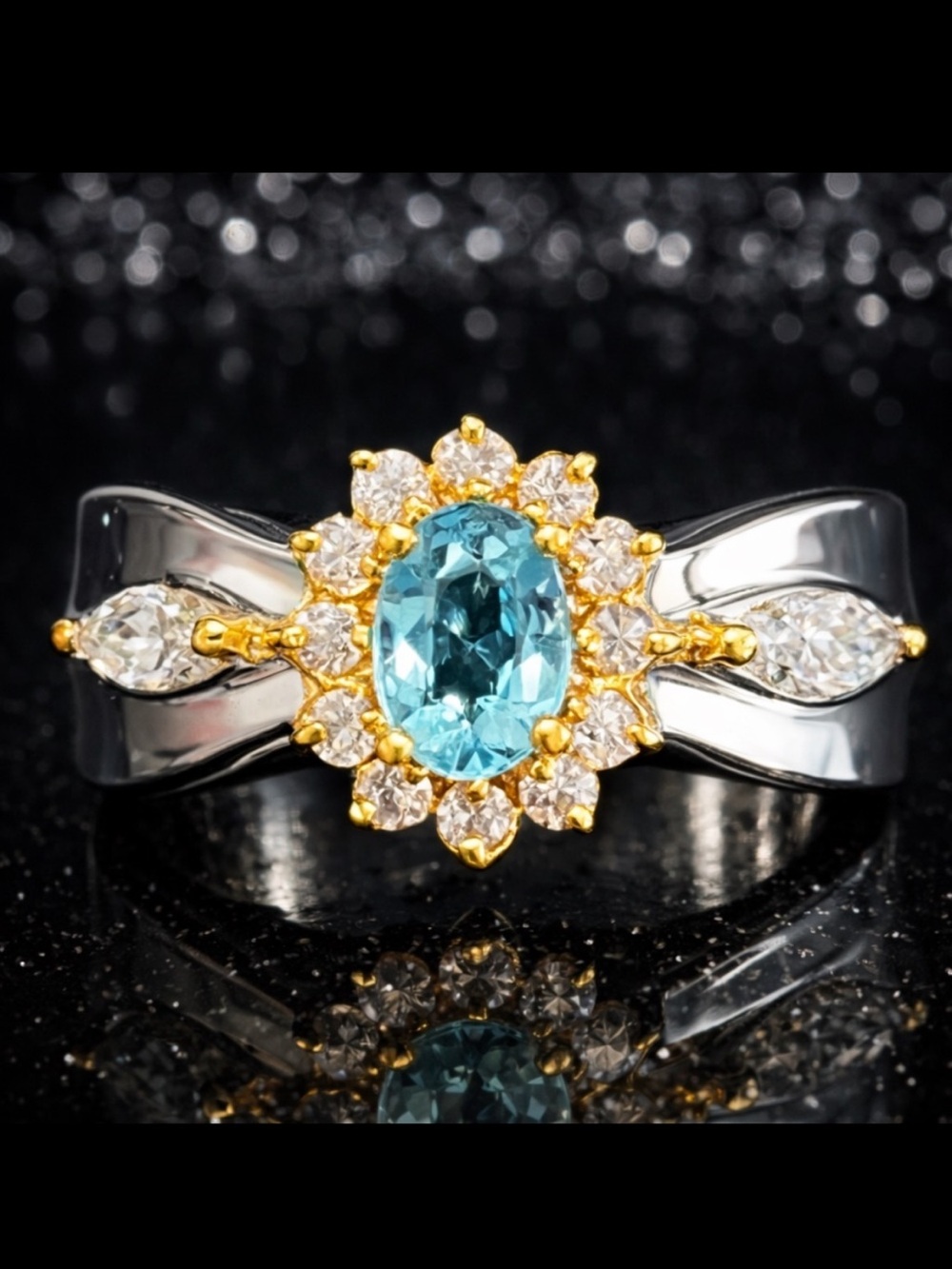 Suzanne Somers vintage blue topaz gold silver oval marquise cut ladies band ring